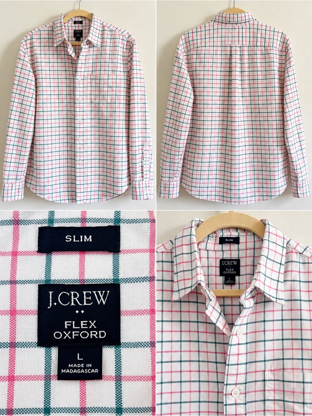 J. Crew White Long-Sleeve Plaid Button-Down Shirt with Green & Red Lines